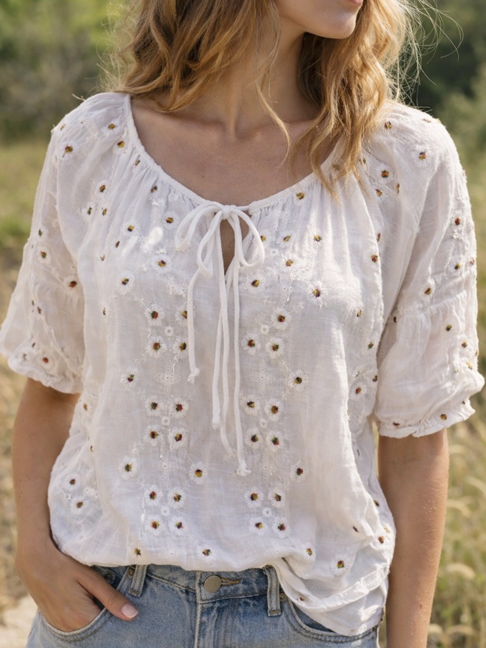 Boho Embroidered Eyelet Blouse White Floral Tie Front Cottagecore Top L